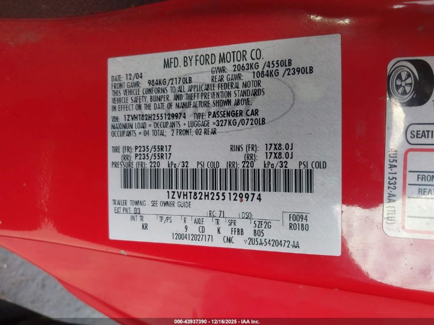 2005 Ford Mustang Gt Deluxe/Gt Premium VIN: 1ZVHT82H255129974 Lot: 43937390