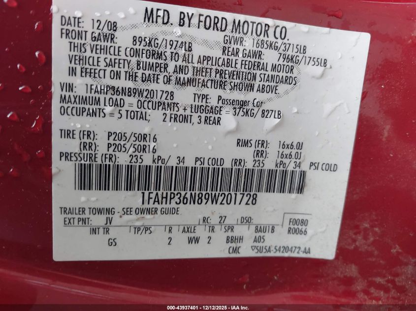 2009 Ford Focus Ses VIN: 1FAHP36N89W201728 Lot: 43937401