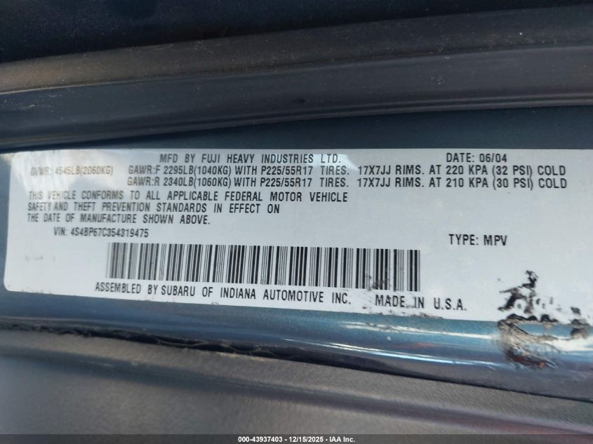 2005 Subaru Outback 2.5Xt Limited VIN: 4S4BP67C354319475 Lot: 43937403