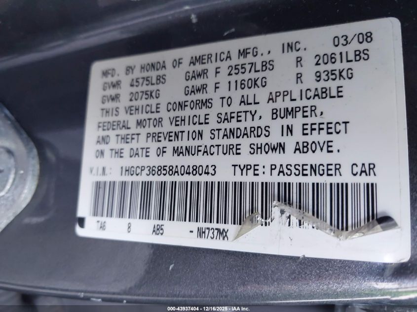 2008 Honda Accord 3.5 Ex-L VIN: 1HGCP36858A048043 Lot: 43937404