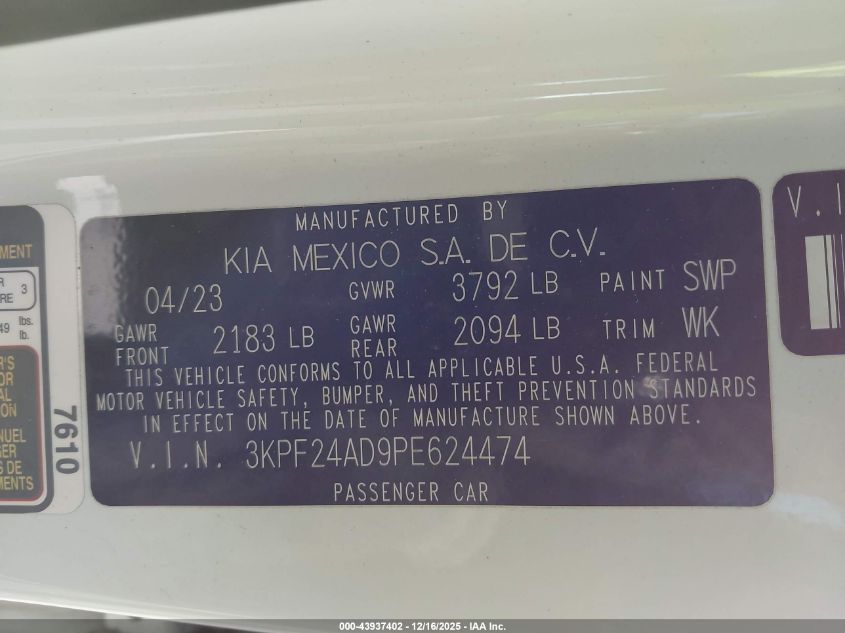 2023 Kia Forte Lxs VIN: 3KPF24AD9PE624474 Lot: 43937402