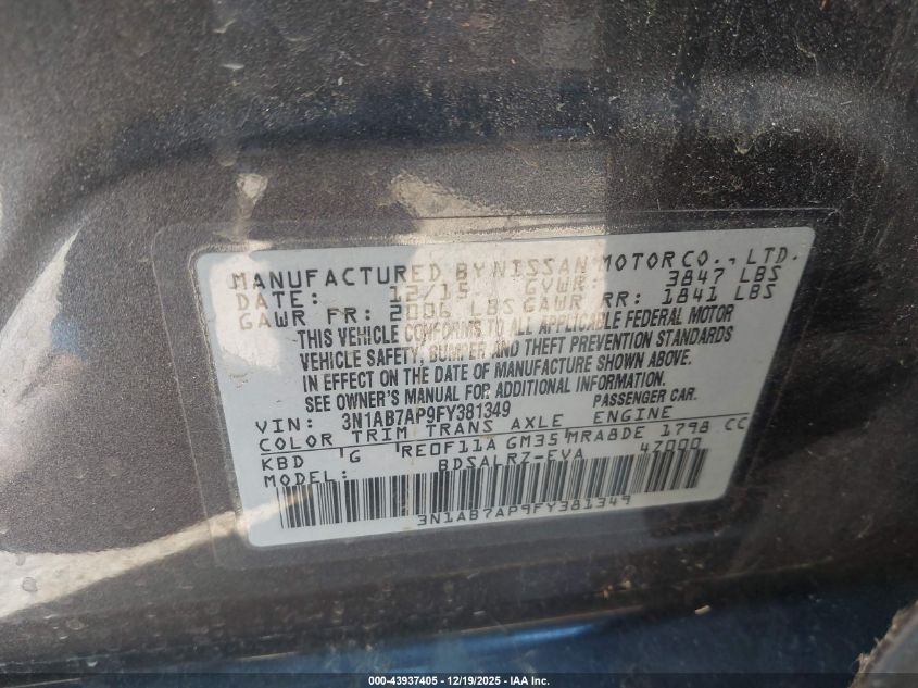 2015 Nissan Sentra Sr VIN: 3N1AB7AP9FY381349 Lot: 43937405