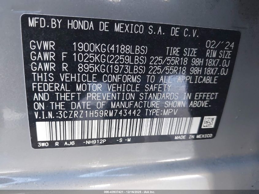 2024 Honda Hr-V 2Wd Sport/2Wd Sport W/O Bsi VIN: 3CZRZ1H59RM743442 Lot: 43937421