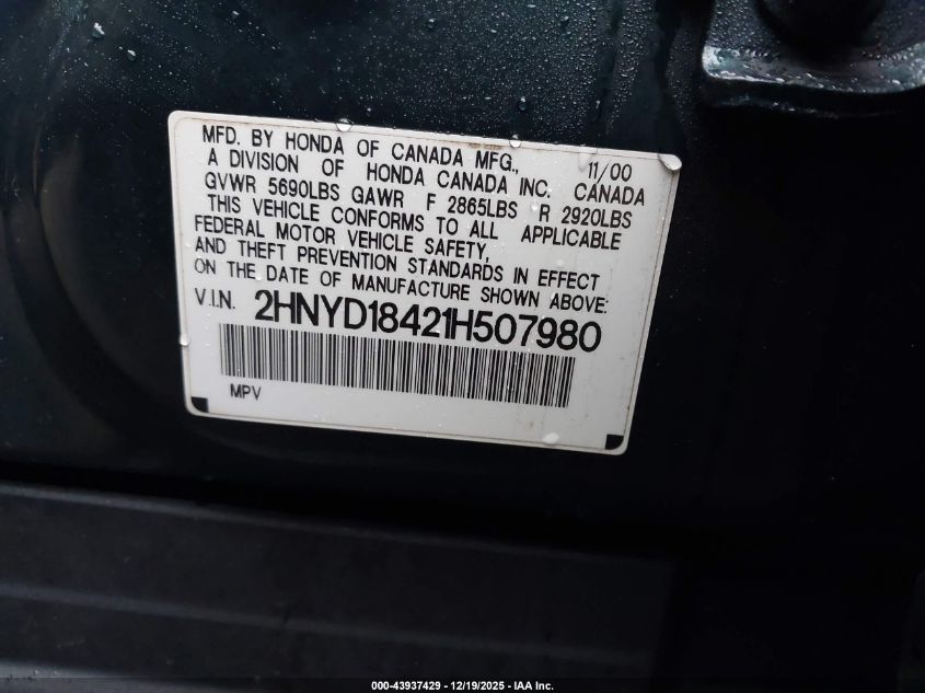 2001 Acura Mdx VIN: 2HNYD18421H507980 Lot: 43937429