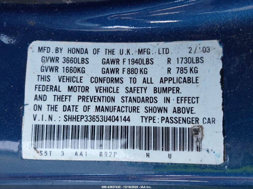 2003 Honda Civic Si VIN: SHHEP33653U404144 Lot: 43937430