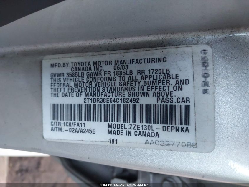 2004 Toyota Corolla Le VIN: 2T1BR38E64C182492 Lot: 43937434