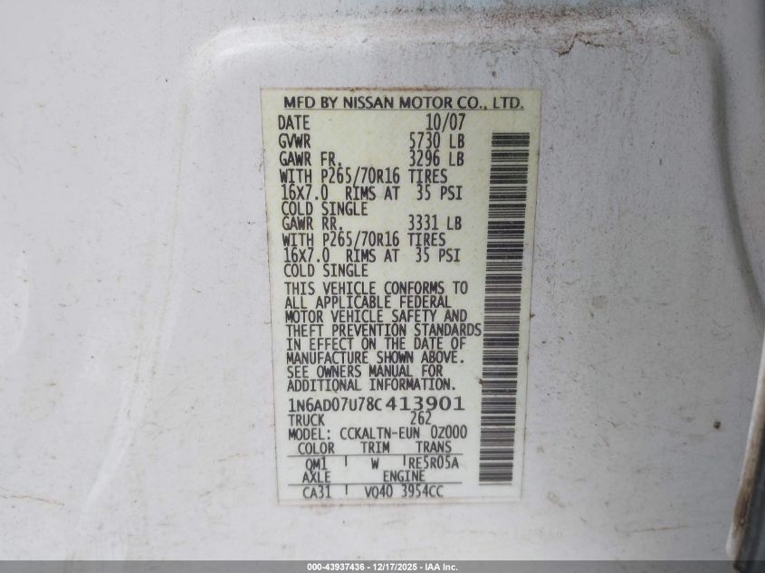 2008 Nissan Frontier Se VIN: 1N6AD07U78C413901 Lot: 43937436