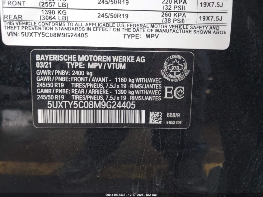 2021 BMW X3 xDrive30I VIN: 5UXTY5C08M9G24405 Lot: 43937437