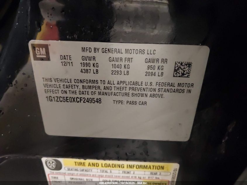 2012 Chevrolet Malibu 1Lt VIN: 1G1ZC5E0XCF249548 Lot: 43937438