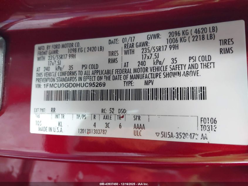 2017 Ford Escape Se VIN: 1FMCU0GD0HUC95269 Lot: 43937450