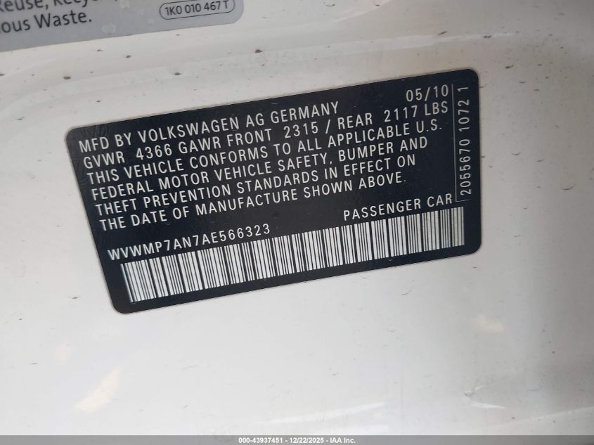 2010 Volkswagen Cc Sport VIN: WVWMP7AN7AE566323 Lot: 43937451