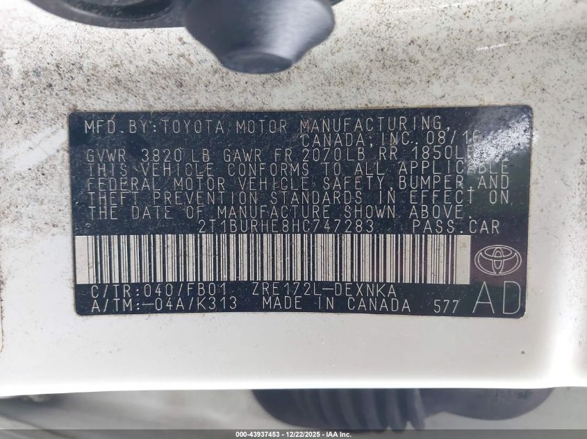 2017 Toyota Corolla Le VIN: 2T1BURHE8HC747283 Lot: 43937453