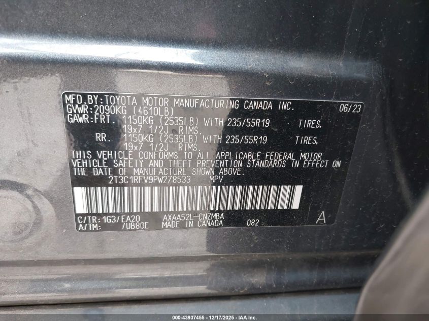 2023 Toyota Rav4 Xle Premium VIN: 2T3C1RFV9PW278533 Lot: 43937455