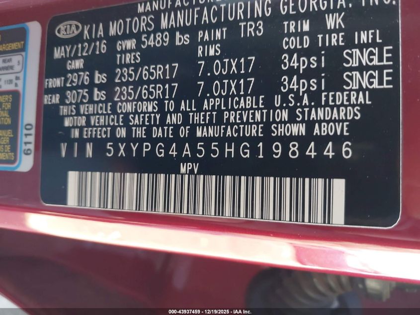 2017 Kia Sorento 3.3L Lx VIN: 5XYPG4A55HG198446 Lot: 43937459