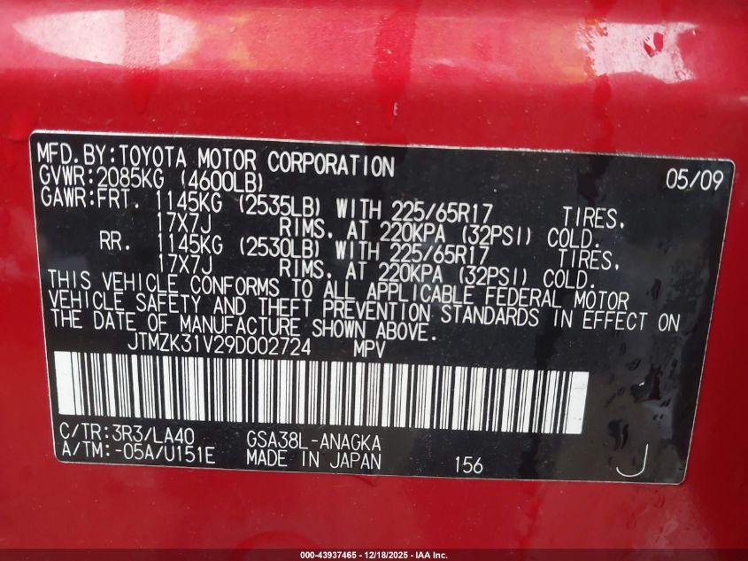 2009 Toyota Rav4 Limited V6 VIN: JTMZK31V29D002724 Lot: 43937465