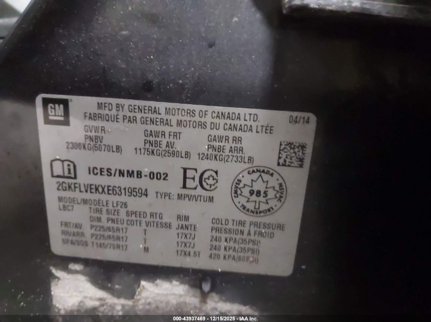 2014 GMC Terrain Sle-1 VIN: 2GKFLVEKXE6319594 Lot: 43937469