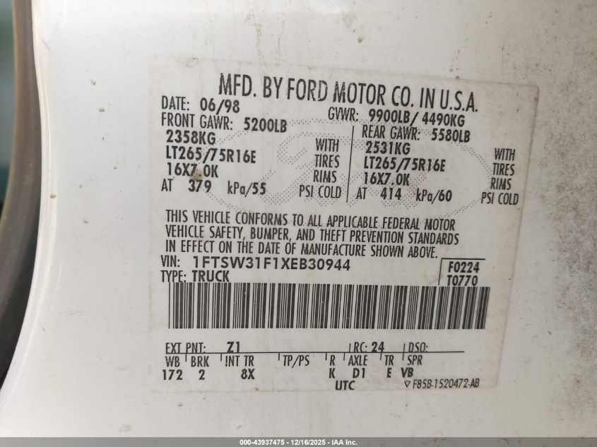 1999 Ford F-350 Lariat/Xl/Xlt VIN: 1FTSW31F1XEB30944 Lot: 43937475