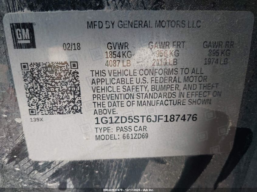 2018 Chevrolet Malibu Lt VIN: 1G1ZD5ST6JF187476 Lot: 43937479