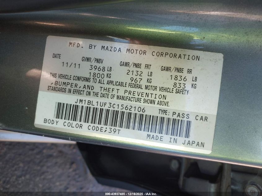 2012 Mazda Mazda3 I Sport VIN: JM1BL1UF3C1562106 Lot: 43937485