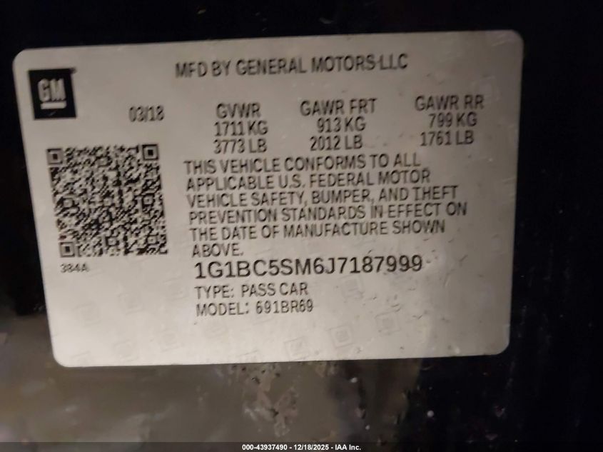 2018 Chevrolet Cruze Ls Auto VIN: 1G1BC5SM6J7187999 Lot: 43937490