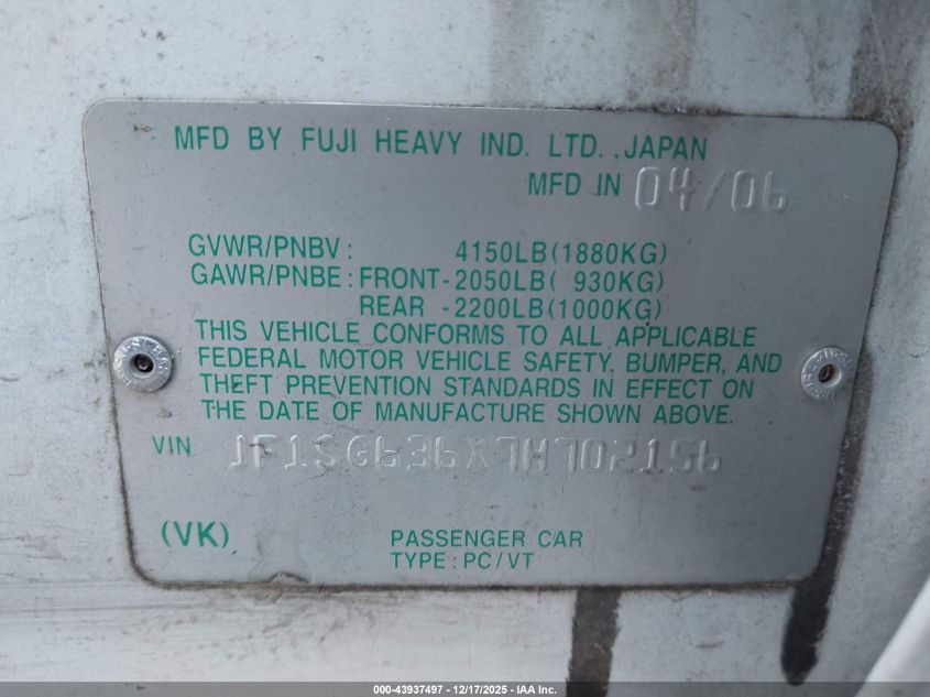 2007 Subaru Forester 2.5X VIN: JF1SG636X7H702156 Lot: 43937497