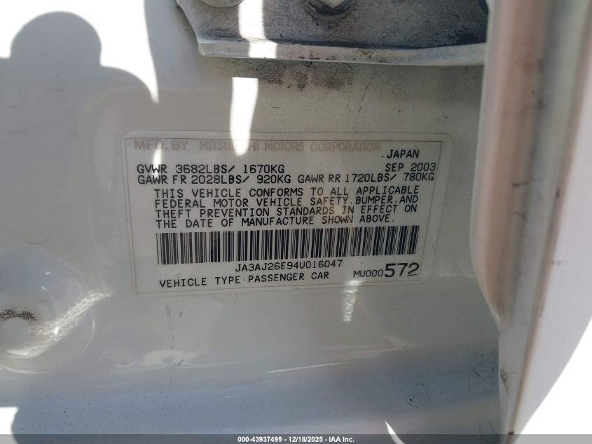 2004 Mitsubishi Lancer Es VIN: JA3AJ26E94U016047 Lot: 43937499