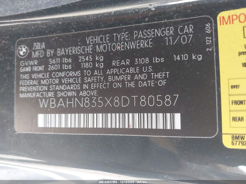 2008 BMW 750Li VIN: WBAHN835X8DT80587 Lot: 43937505