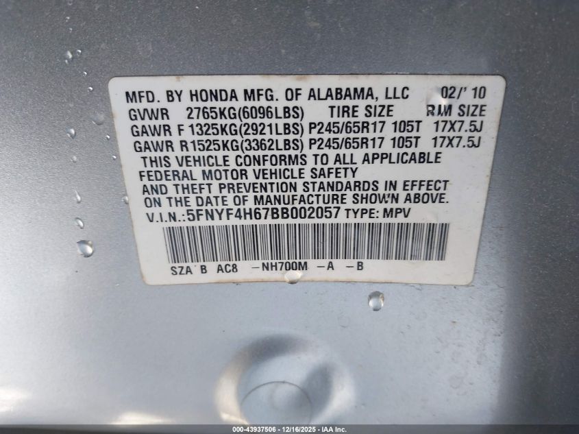 2011 Honda Pilot Ex-L VIN: 5FNYF4H67BB002057 Lot: 43937506