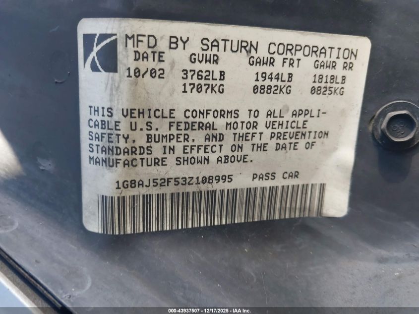 2003 Saturn Ion 2 VIN: 1G8AJ52F53Z108995 Lot: 43937507