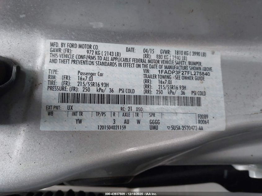 2015 Ford Focus Se VIN: 1FADP3F27FL275840 Lot: 43937509