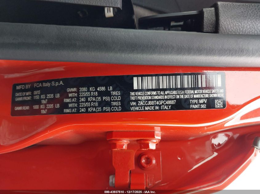 2016 Jeep Renegade Latitude VIN: ZACCJBBT4GPC48687 Lot: 43937510