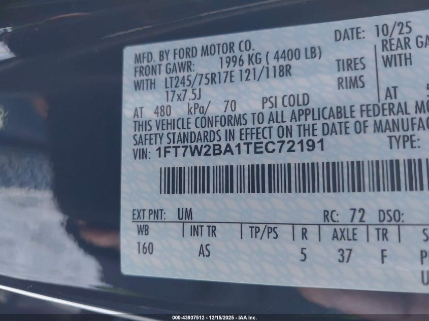 2026 Ford F-250 Xl VIN: 1FT7W2BA1TEC72191 Lot: 43937512