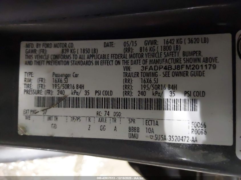 2015 Ford Fiesta Se VIN: 3FADP4BJ8FM201179 Lot: 43937513