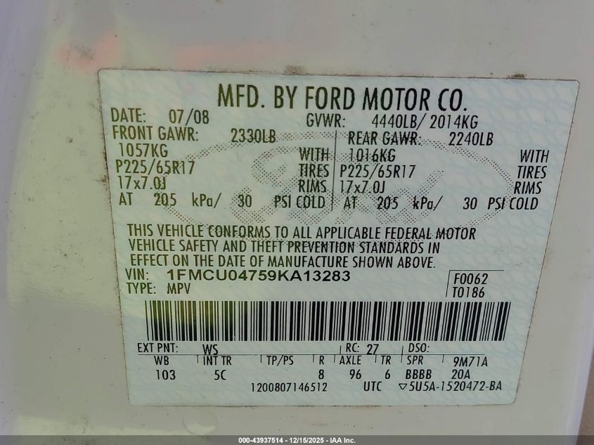 2009 Ford Escape Limited VIN: 1FMCU04759KA13283 Lot: 43937514