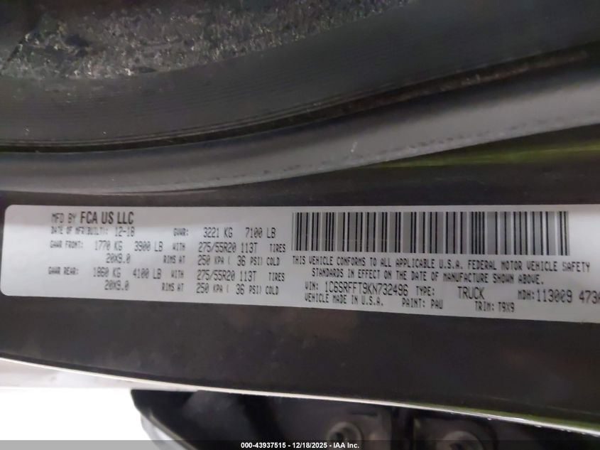 2019 Ram 1500 Big Horn/Lone Star 4X4 5'7 Box VIN: 1C6SRFFT9KN732496 Lot: 43937515