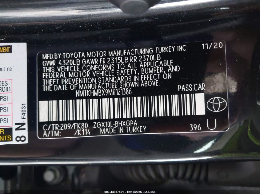 2021 Toyota C-Hr Xle VIN: NMTKHMBX9MR121386 Lot: 43937521