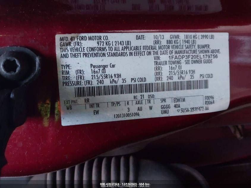 2014 Ford Focus Se VIN: 1FADP3F20EL179756 Lot: 43937524