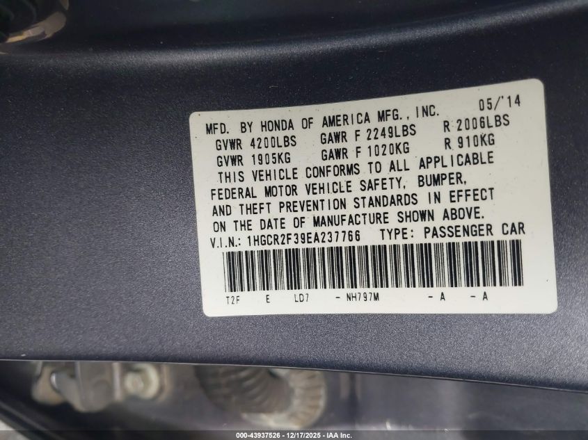 2014 Honda Accord Lx VIN: 1HGCR2F39EA237766 Lot: 43937526