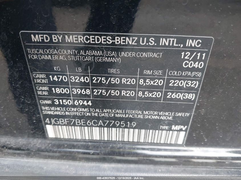 2012 Mercedes-Benz Gl 450 4Matic VIN: 4JGBF7BE6CA779519 Lot: 43937529