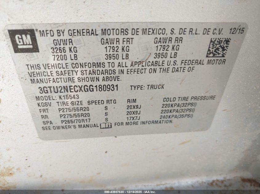 2016 GMC Sierra 1500 Slt VIN: 3GTU2NECXGG180931 Lot: 43937530