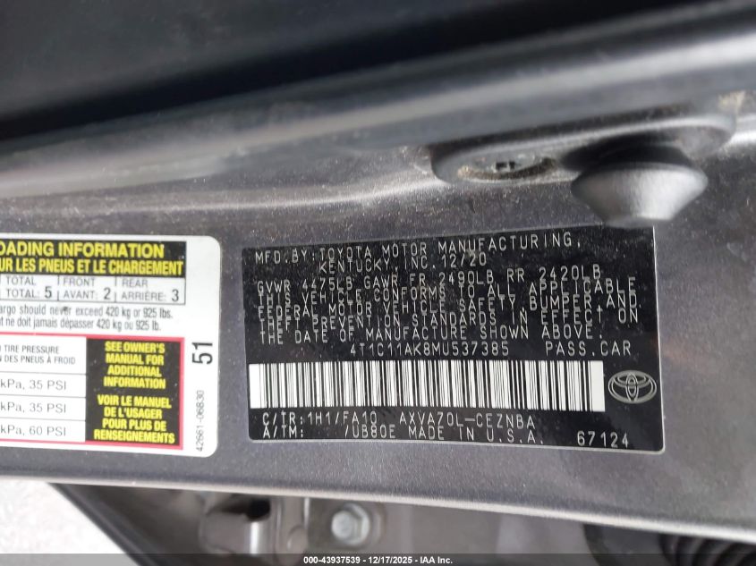 2021 Toyota Camry Le VIN: 4T1C11AK8MU537385 Lot: 43937539