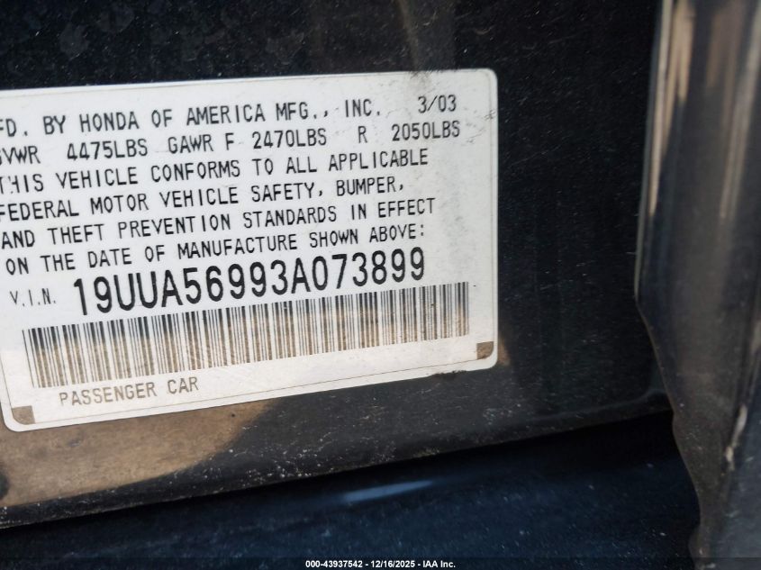 2003 Acura Tl 3.2 Type S VIN: 19UUA56993A073899 Lot: 43937542