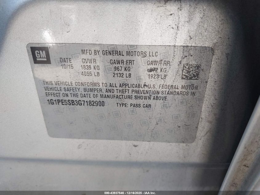 2016 Chevrolet Cruze Limited 1Lt Auto VIN: 1G1PE5SB3G7182900 Lot: 43937546