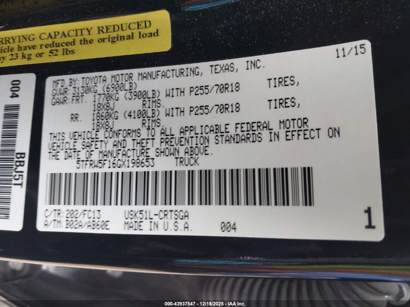 2016 Toyota Tundra Sr5 5.7L V8 VIN: 5TFRW5F16GX198653 Lot: 43937547