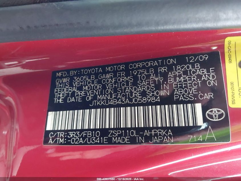 2010 Scion Xd VIN: JTKKU4B43AJ058984 Lot: 43937550