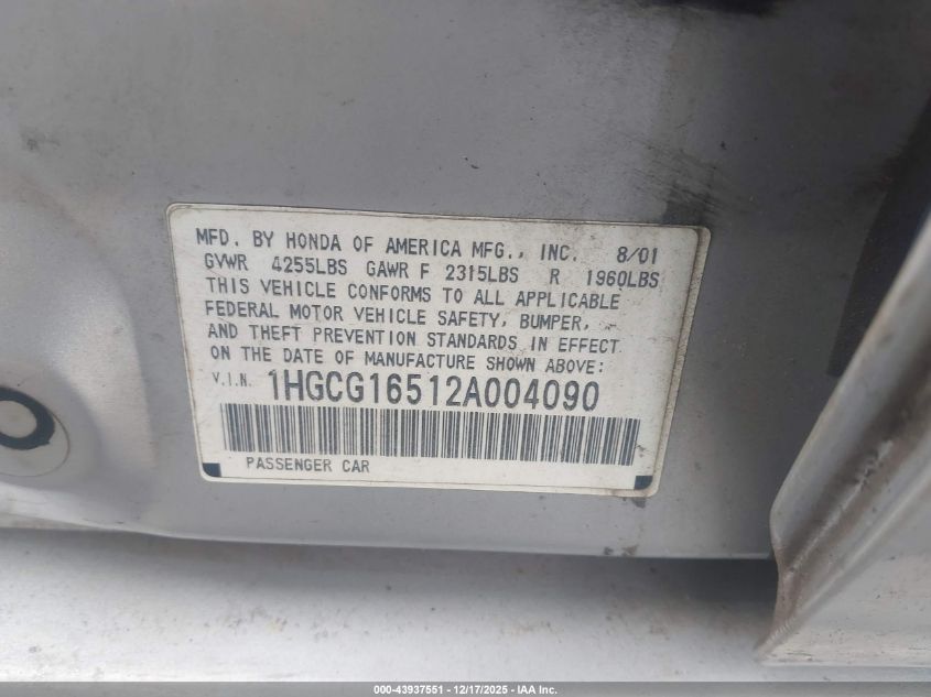 2002 Honda Accord 3.0 Ex VIN: 1HGCG16512A004090 Lot: 43937551