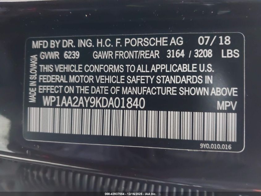 2019 Porsche Cayenne VIN: WP1AA2AY9KDA01840 Lot: 43937554