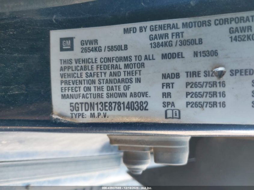 2007 Hummer H3 Suv VIN: 5GTDN13E878140382 Lot: 43937559