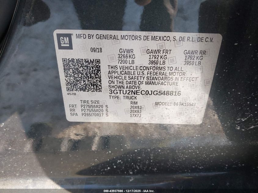 2018 GMC Sierra 1500 Slt VIN: 3GTU2NEC0JG548816 Lot: 43937566