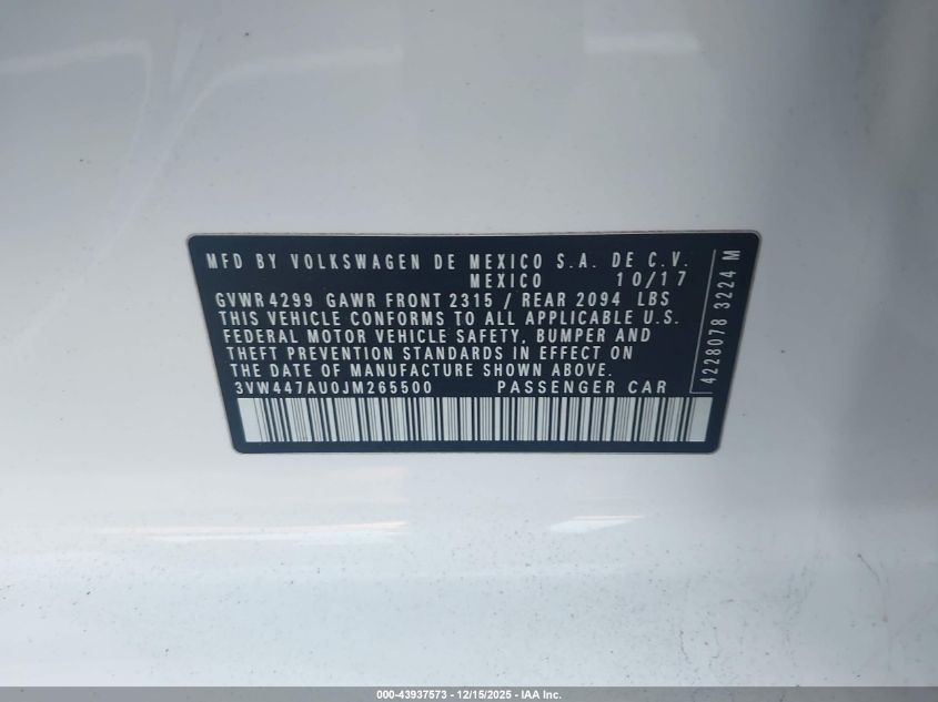 2018 Volkswagen Golf Gti 2.0T Autobahn/2.0T S/2.0T Se VIN: 3VW447AU0JM265500 Lot: 43937573